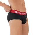 Black mens briefs MetroMaleWear Prostretch hip brief black with red waistband featuring MetroMale logo in white lettering