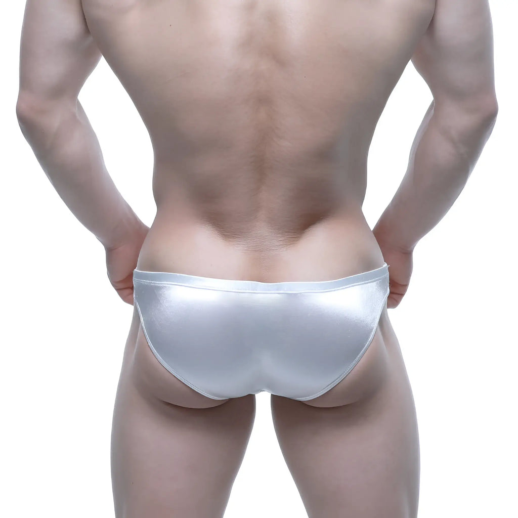 Shiny silver metallic briefs metroMalewear puente bikini avalanche 3603-74 front view with reflective finish
