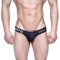 Black men’s briefs with mesh panel and white metro branding on waistband from MetroMaleWear Puente Bikini Black Mesh 3603-51