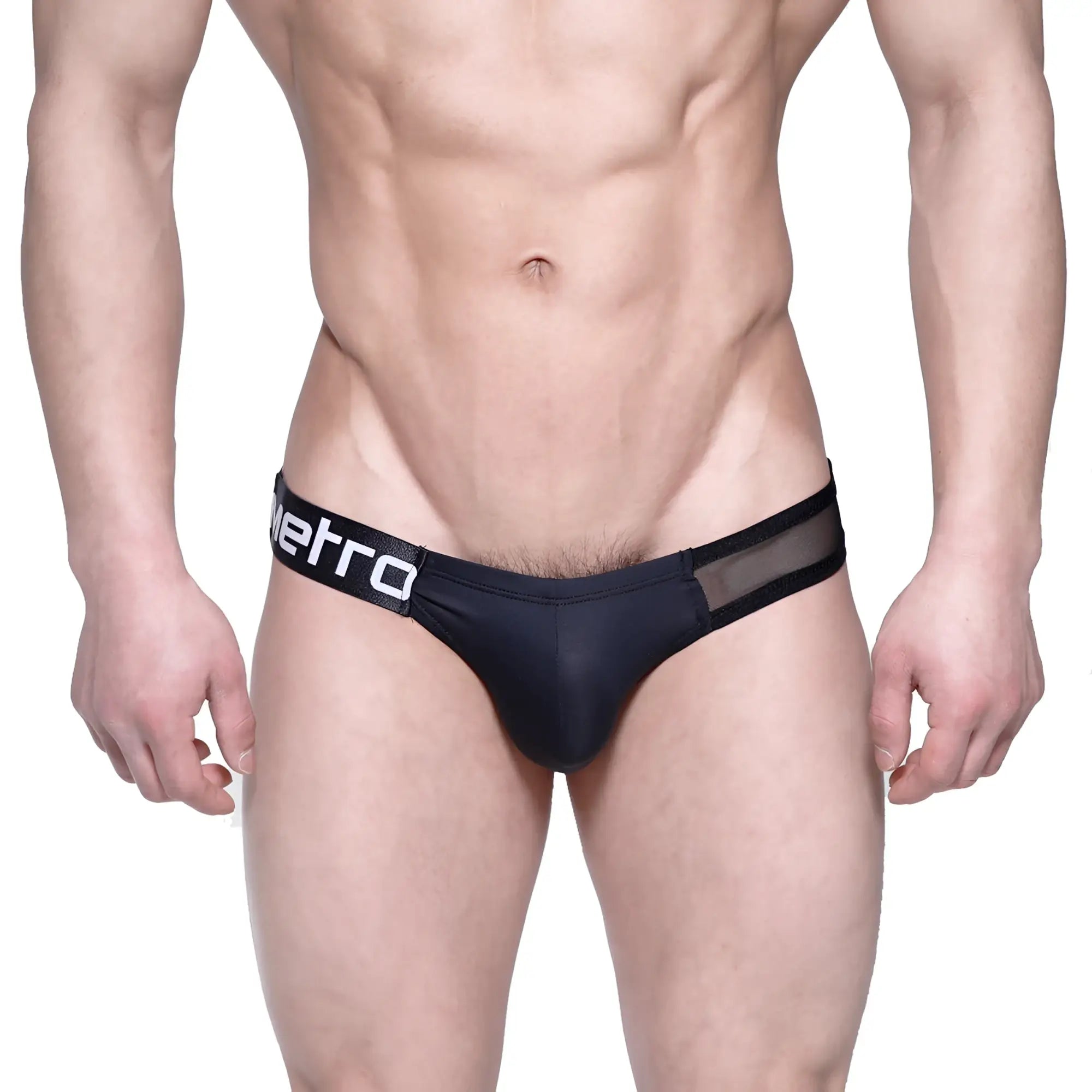 Black men’s briefs with mesh panel and white metro branding on waistband from MetroMaleWear Puente Bikini Black Mesh 3603-51