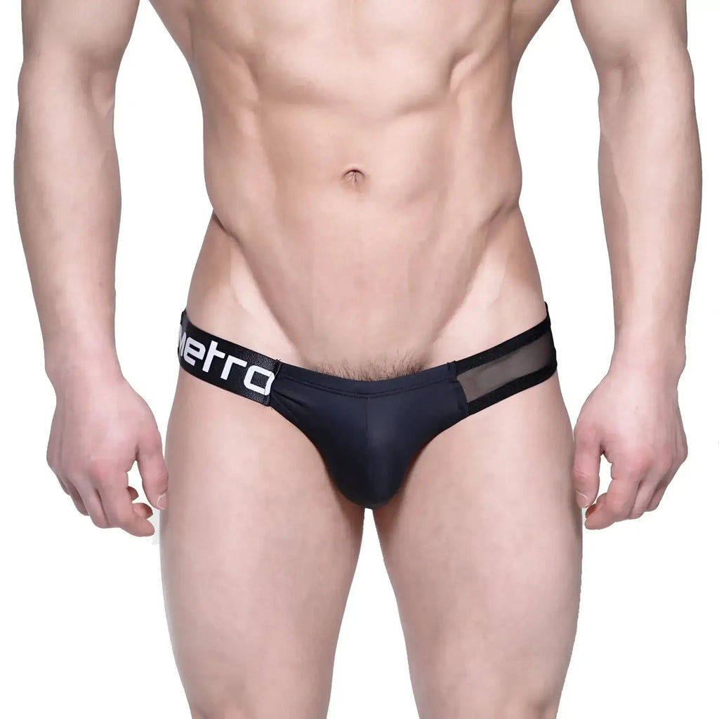 Black men’s briefs with mesh panel and white metro branding on waistband from MetroMaleWear Puente Bikini Black Mesh 3603-51