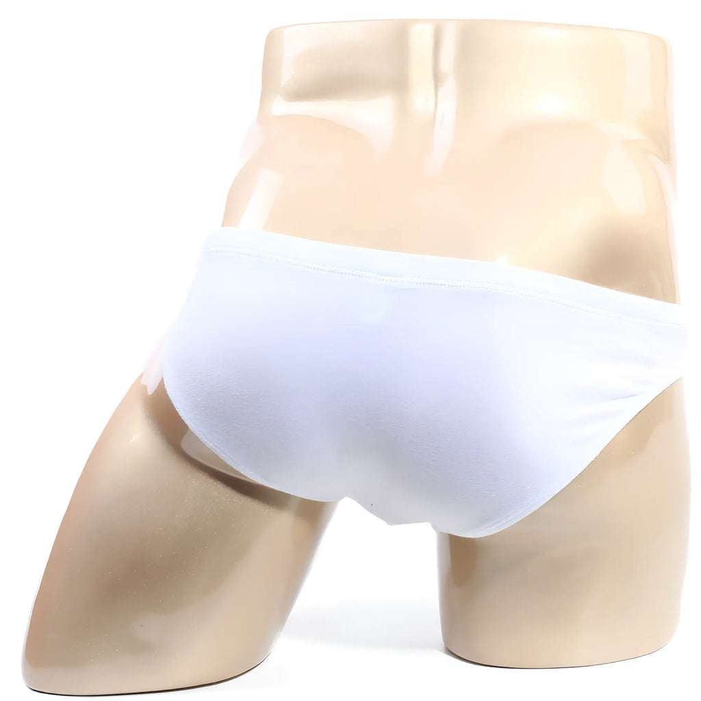 White cotton briefs displayed on a mannequin metroMalewear puente bikini blank 3603-06