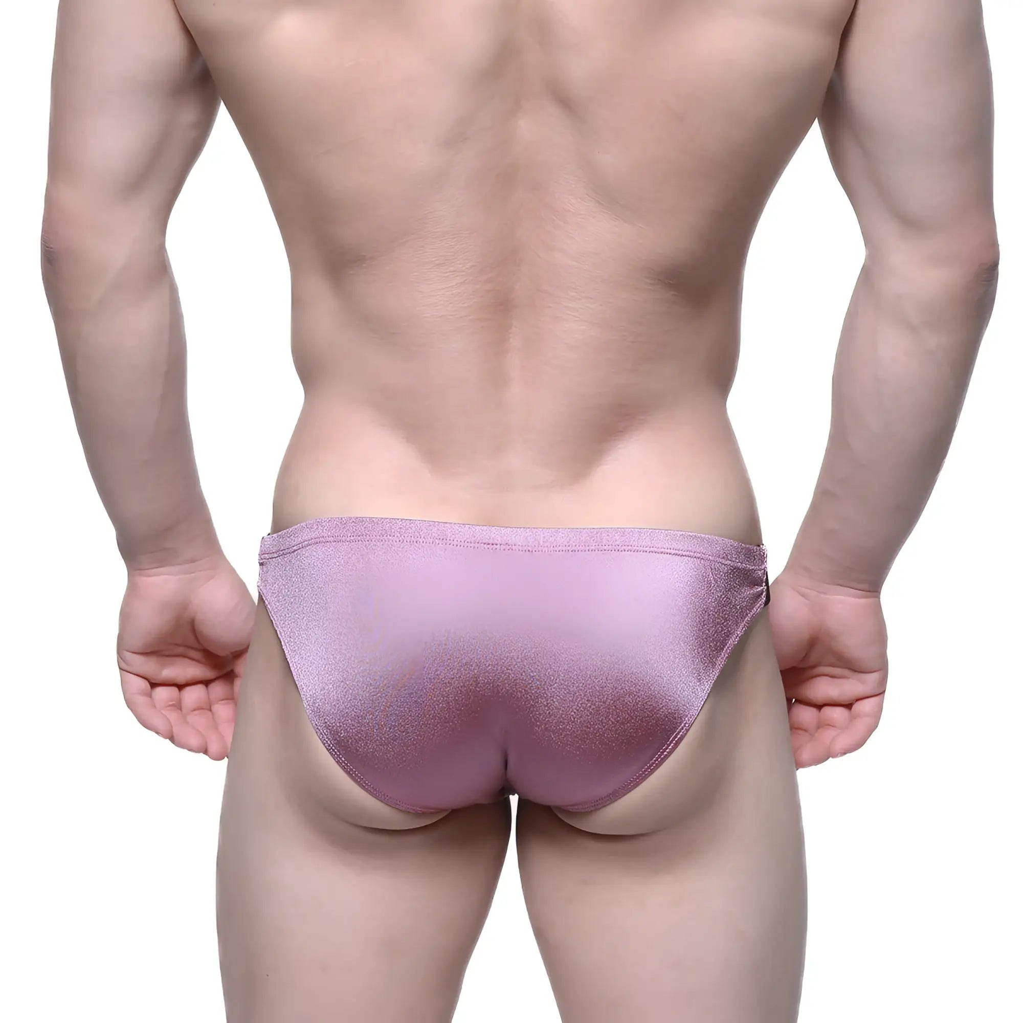 MetroMaleWear Puente bikini in dusty pink with a shimmering lavender metallic finish and sleek form-fitting design