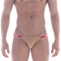 Beige men’s briefs metroMalewear puente bikini gold 3603-21 with red white elastic waistband and avinov branding
