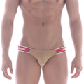Beige men’s briefs metroMalewear puente bikini gold 3603-21 with red white elastic waistband and avinov branding