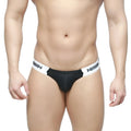 Black briefs with white elastic waistband and bold black logo from MetroMalewear Puente Bikini Passion 3603-43 collection