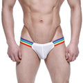 White MetroMaleWear Puente bikini briefs with rainbow-striped elastic waistband ideal for athletic wear