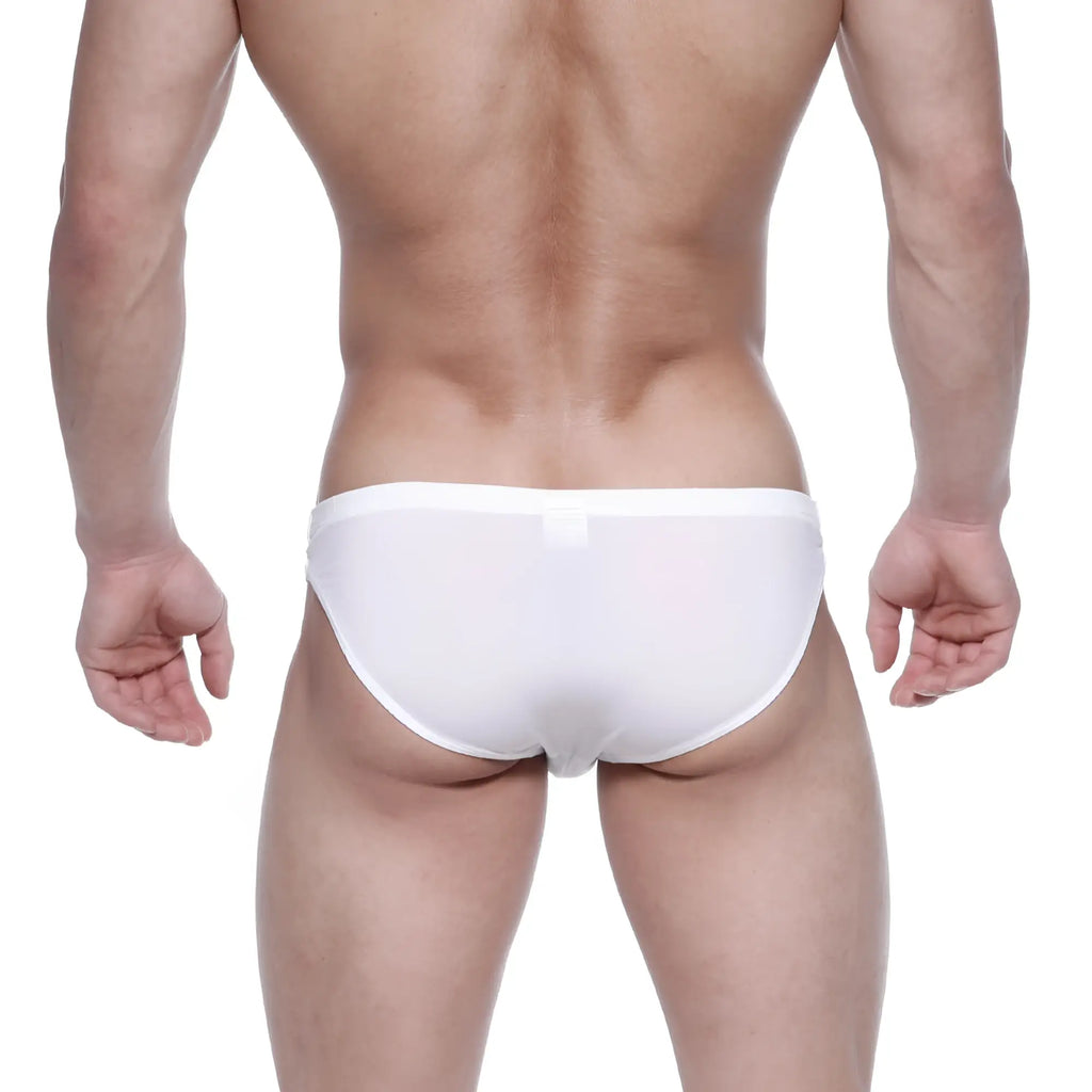 White briefs with a smooth form-fitting design from metromalewear puente bikini rainbow 3603-01 in white color