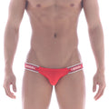 Red athletic briefs with white elastic waistband and bold black logo from MetroMaleWear Puente Bikini 3603-12