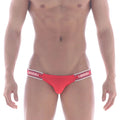 Red athletic briefs with white elastic waistband and bold black logo from MetroMaleWear Puente Bikini 3603-12