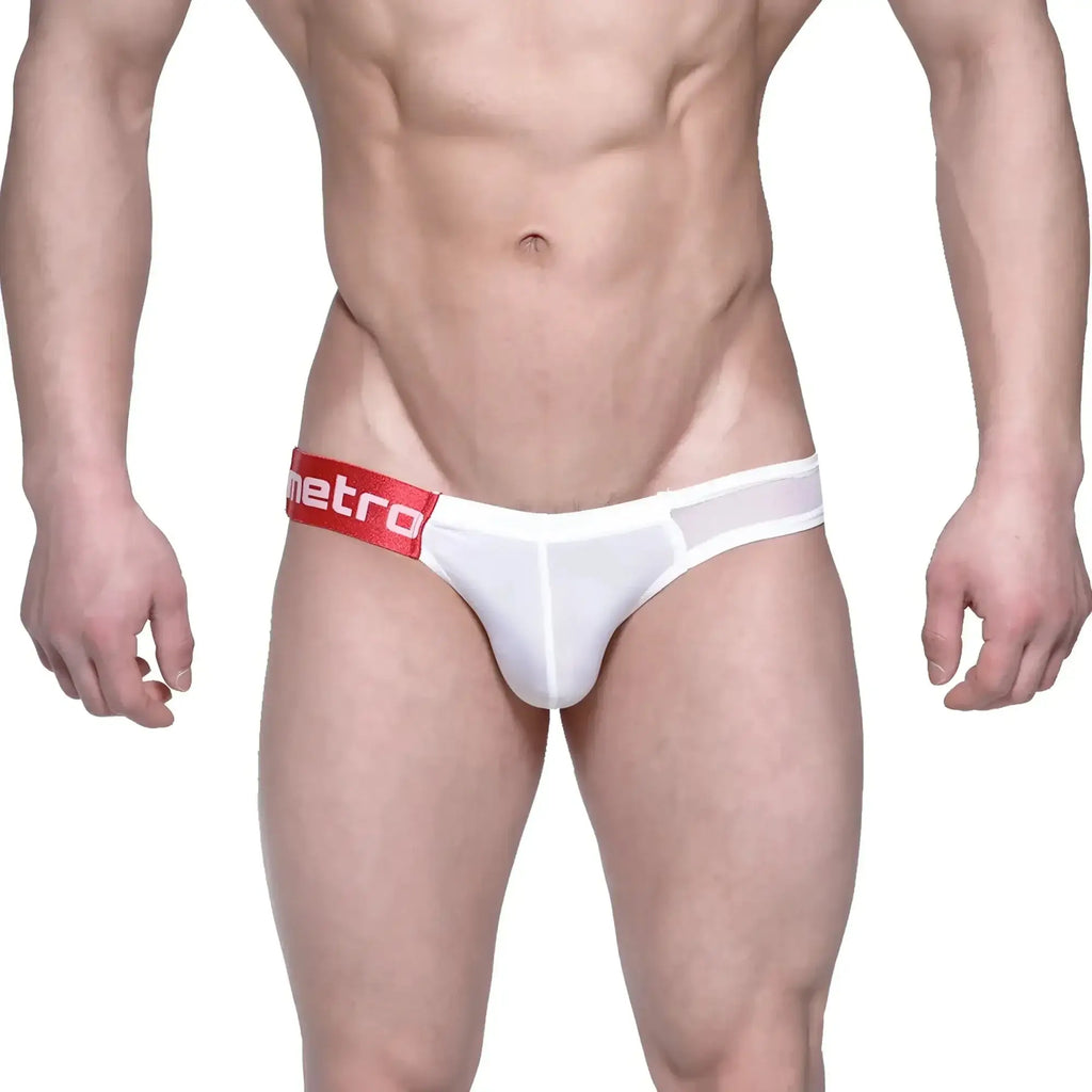 White men’s briefs with red waistband featuring metro logo in white lettering made of breathable mesh material
