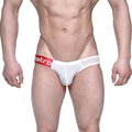 White men’s briefs with red waistband featuring metro logo in white lettering made of breathable mesh material
