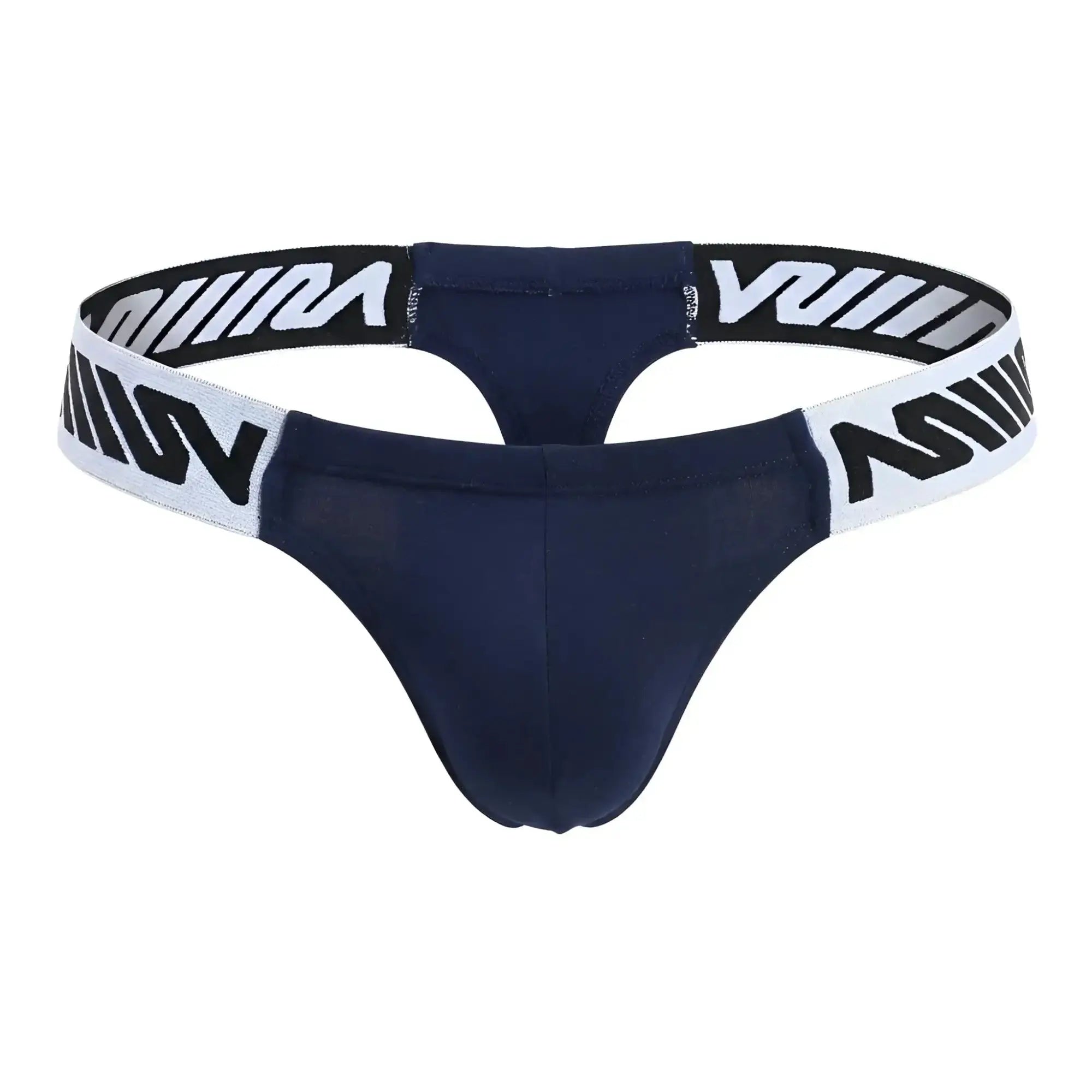 Navy blue MetroMaleWear Puente thong with white elastic waistband featuring bold black w logos front view