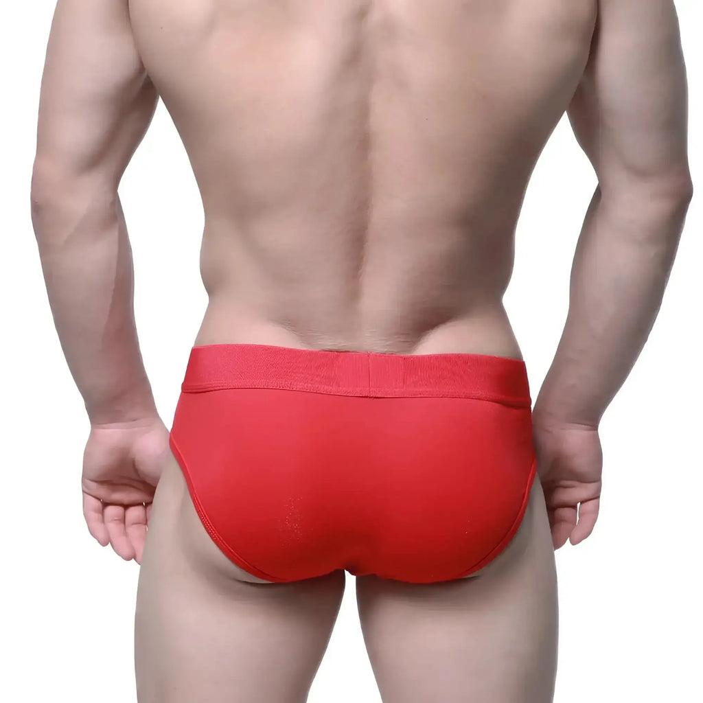 Red athletic briefs by metromalewear with a snug elastic waistband designed for comfortable active wear
