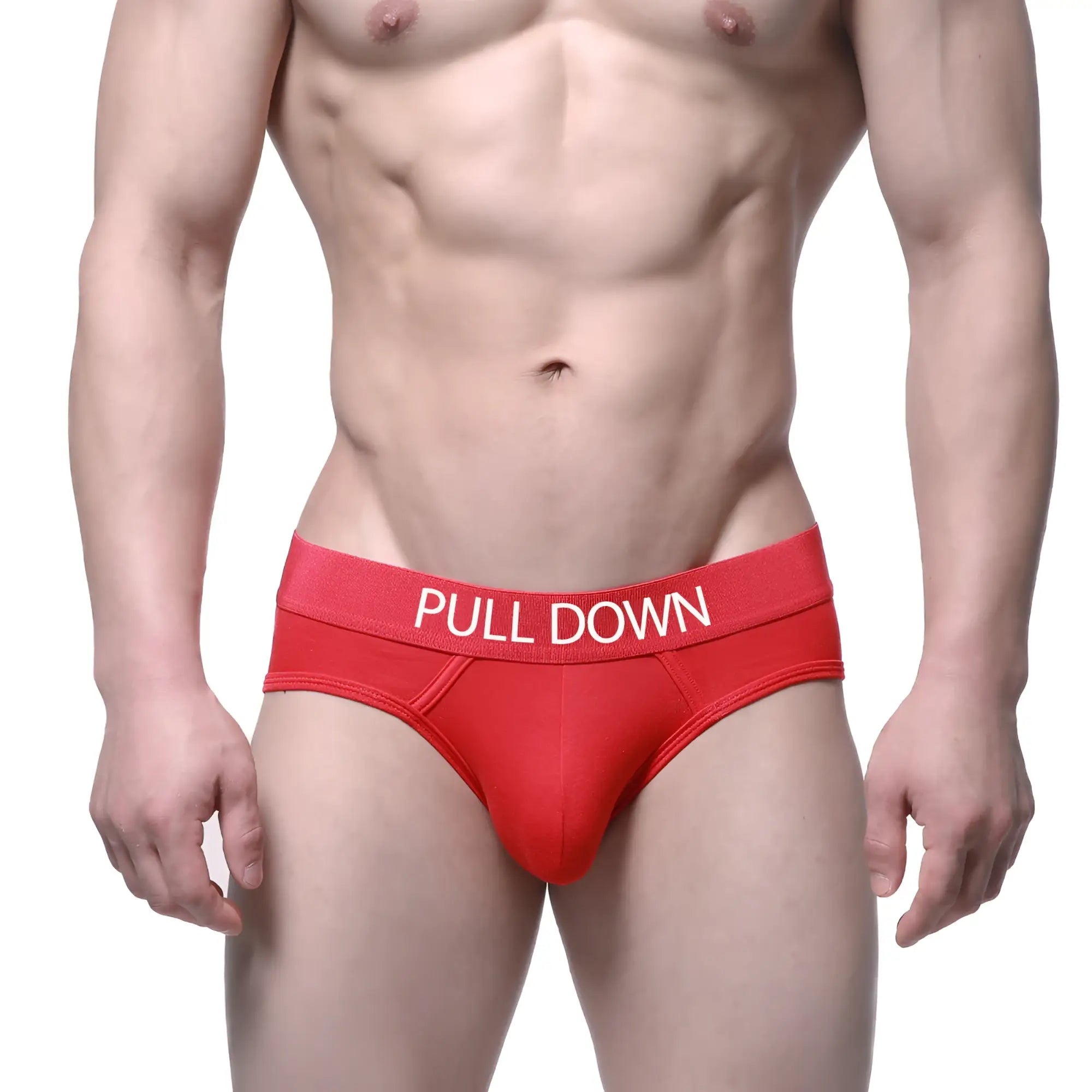 Red pull down hip briefs by metromalewear with white waistband lettering in comfortable stretch fabric