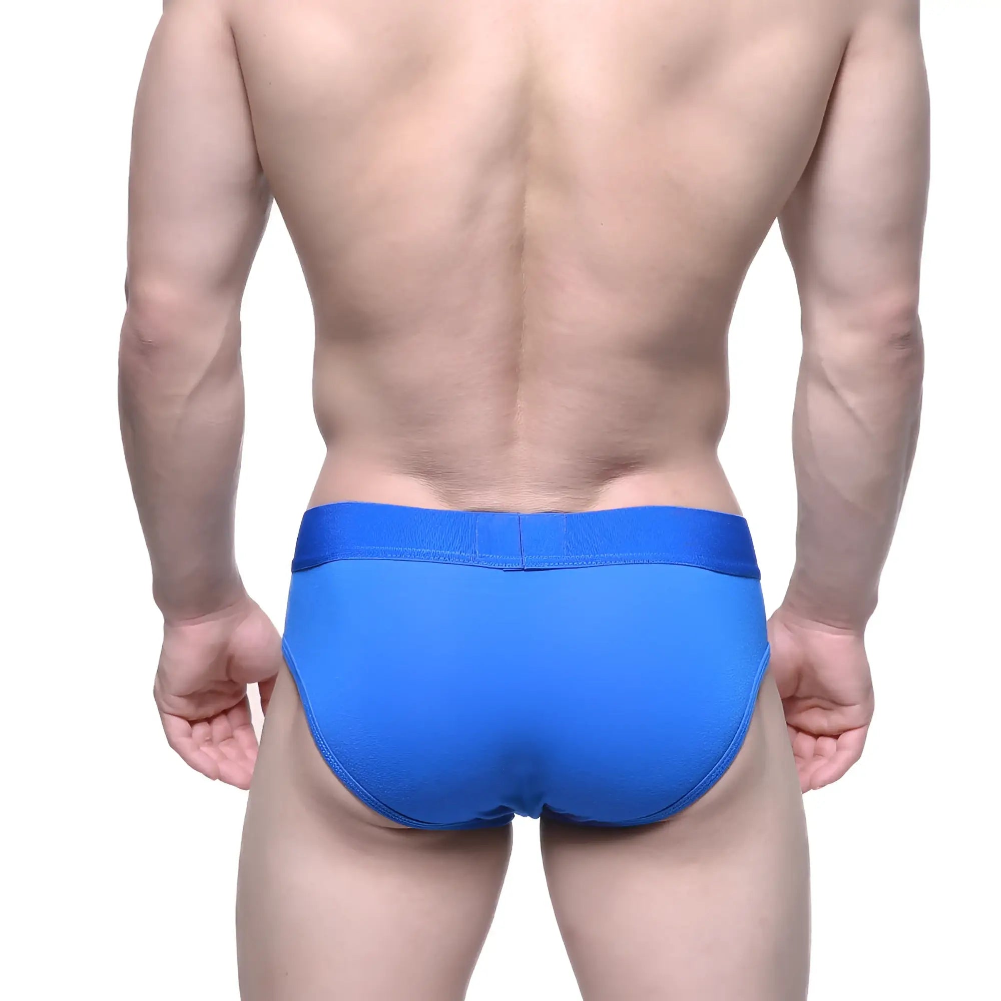 MetroMaleWear pull down hip brief in royal blue with bright blue form-fitting fabric and smooth elastic waistband