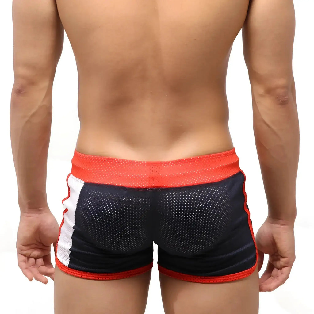 Black and red metroMalewear punch short navy 4709-28 with mesh fabric white side stripes and orange waistband