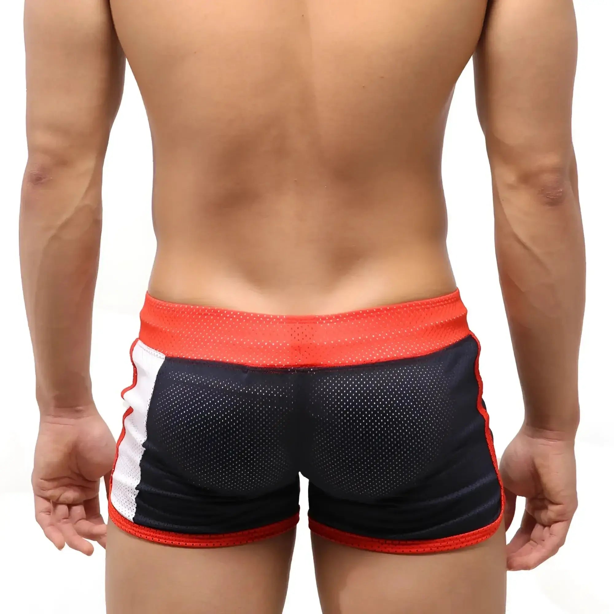 Black and red metroMalewear punch short navy 4709-28 with mesh fabric white side stripes and orange waistband