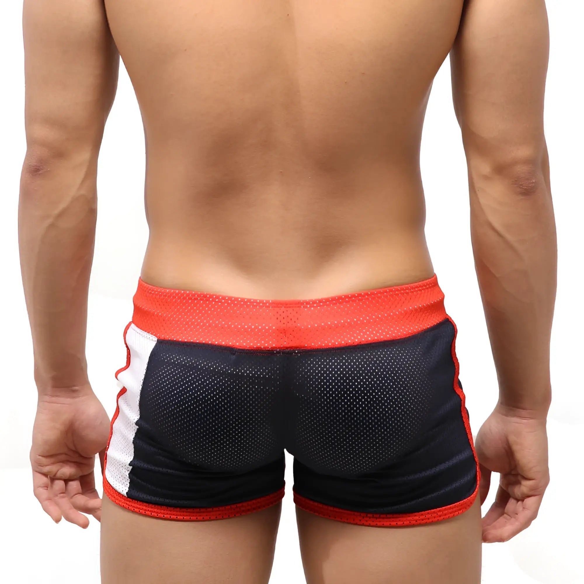 Black and red metroMalewear punch short navy 4709-28 with mesh fabric white side stripes and orange waistband