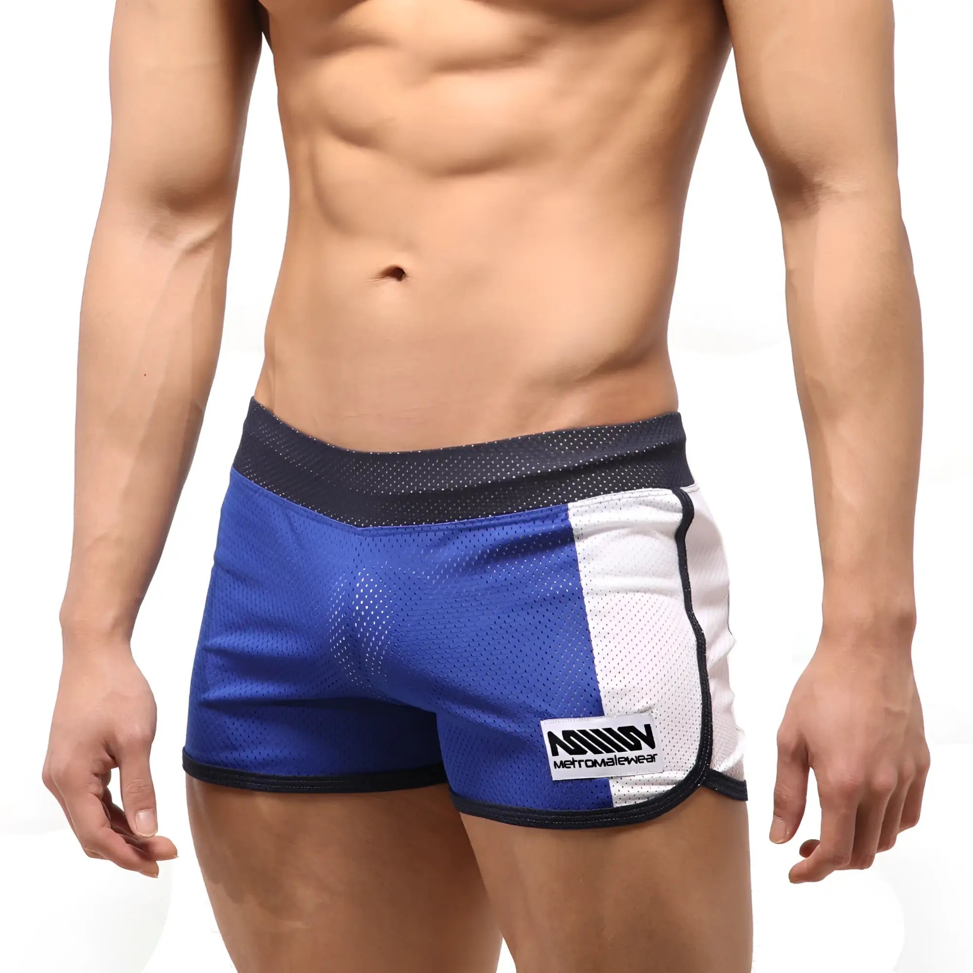 Metro malewear punch short royal blue mesh athletic shorts in blue and white with black trim and branded side patch