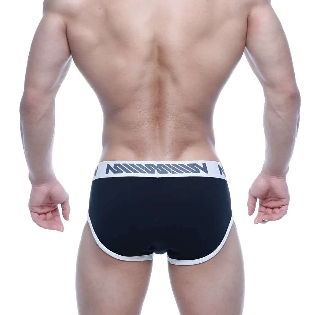 MetroMaleWear Punto Hip Brief black with white trim and gray logo band designed for comfortable everyday wear