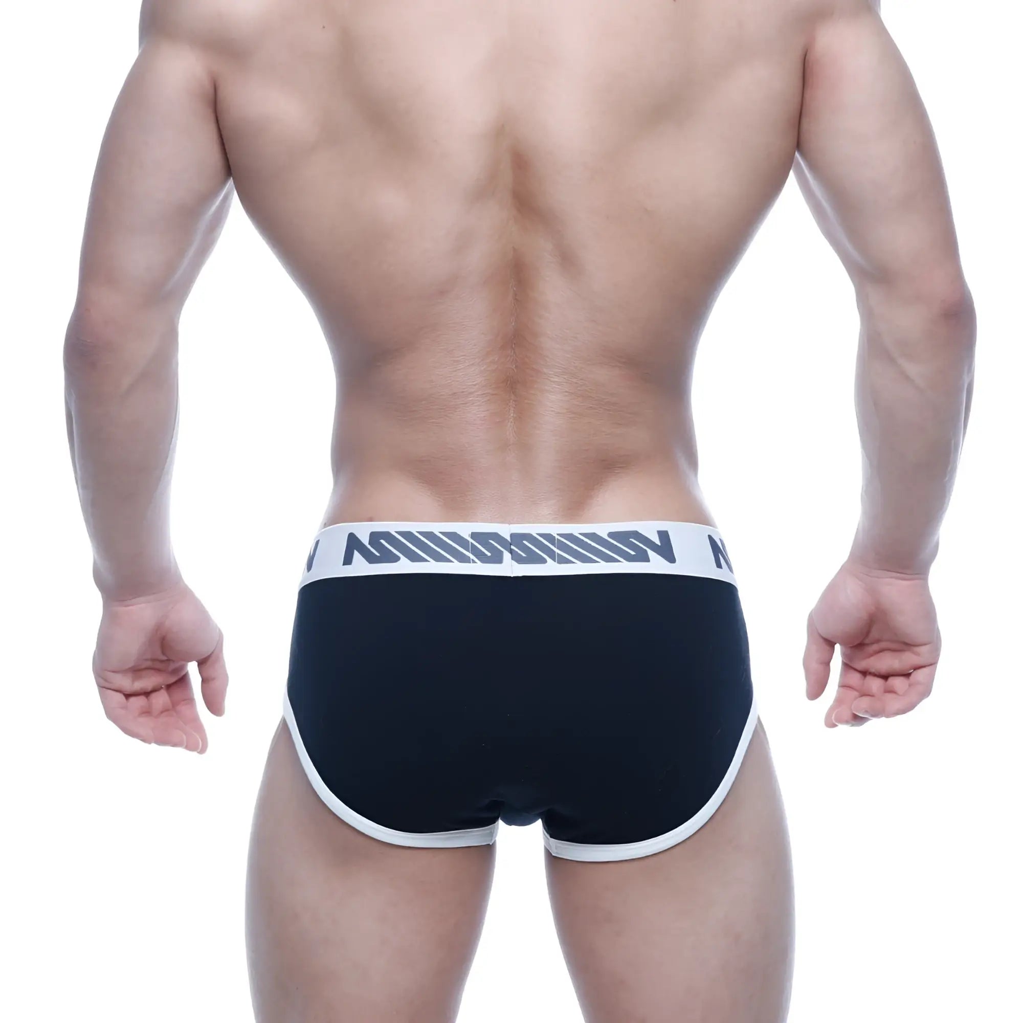 MetroMaleWear Punto Hip Brief black with white trim and gray logo band designed for comfortable everyday wear