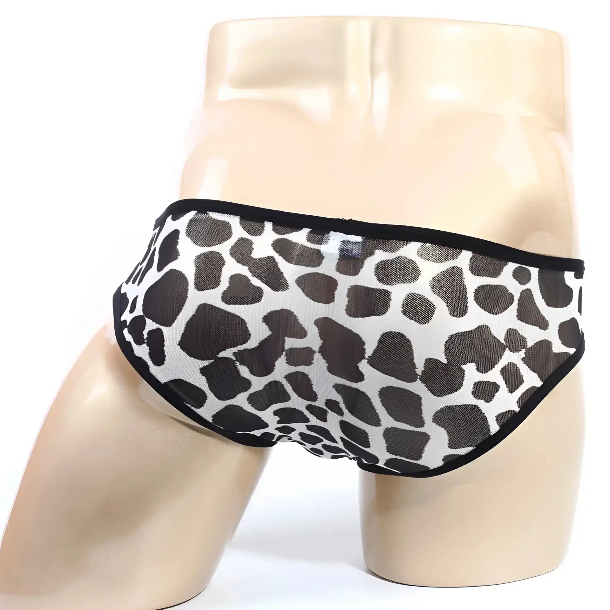 Black and white leopard-print mesh briefs with black trim metroMalewear puppy bikini 6105-70 front view