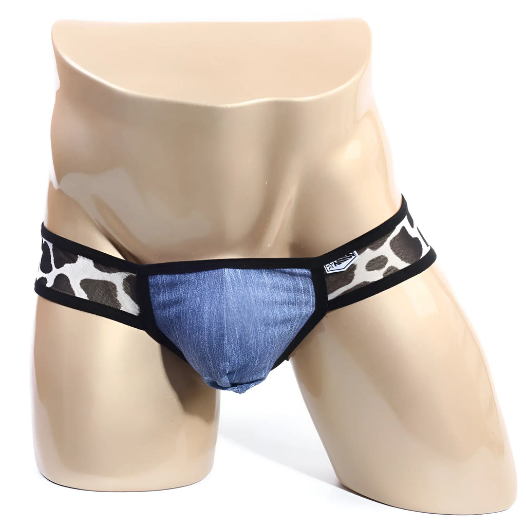 Blue denim MetroMaleWear puppy bikini 6105-70 men’s briefs with black and white leopard print side panels