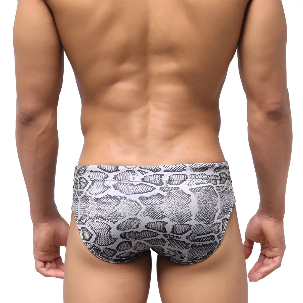MetroMaleWear python swim brief grey with gray and black snake-scale pattern swim trunks for men