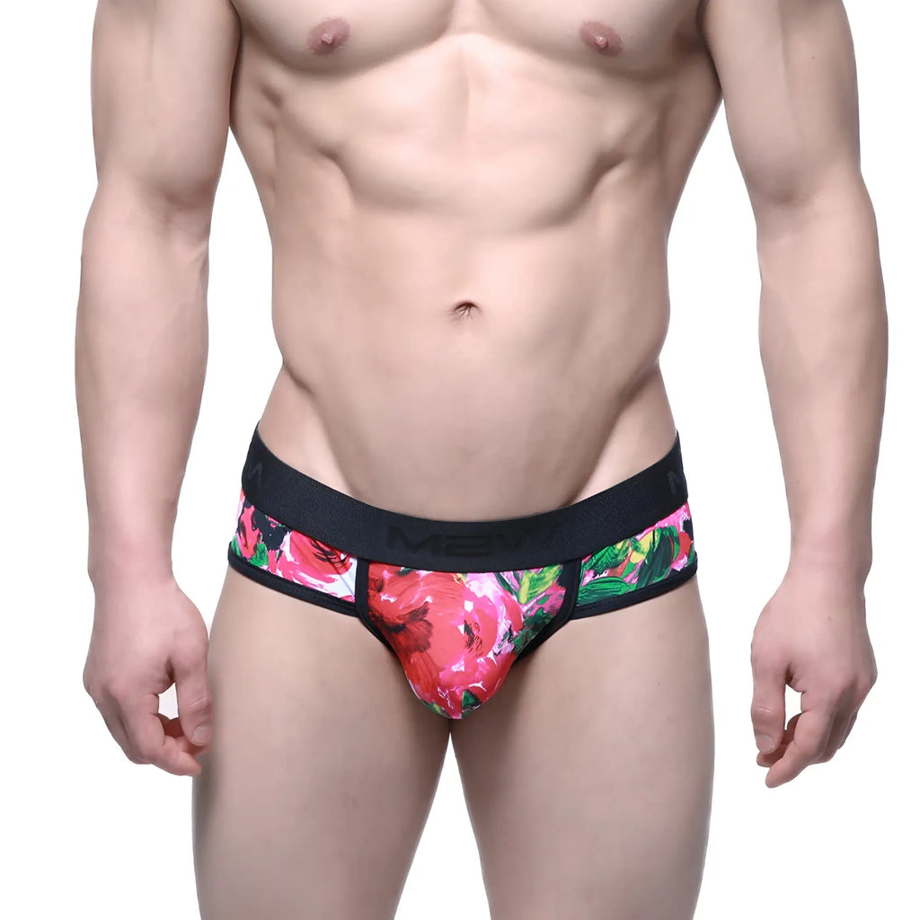 Metro malewear queen brief 6106-03 vibrant floral patterned men’s briefs with black elastic waistband and bold blossoms