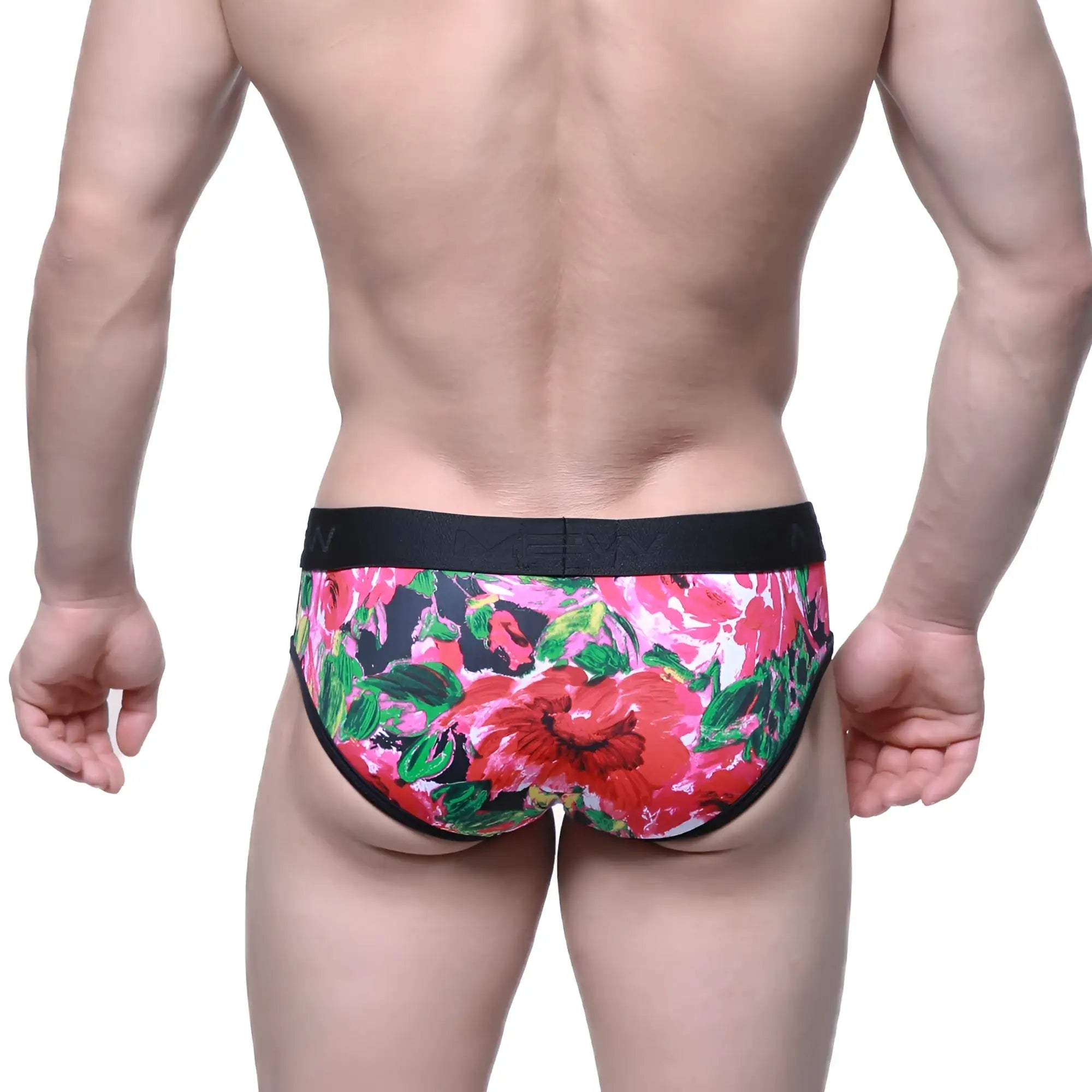 MetroMaleWear queen brief 6106-03 vibrant floral patterned men’s briefs with red pink blossoms green leaves black waistband