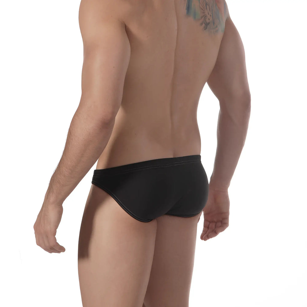 MetroMaleWear racer swim brief black sleek form-fitting swim trunks with subtle waistband stitching front view