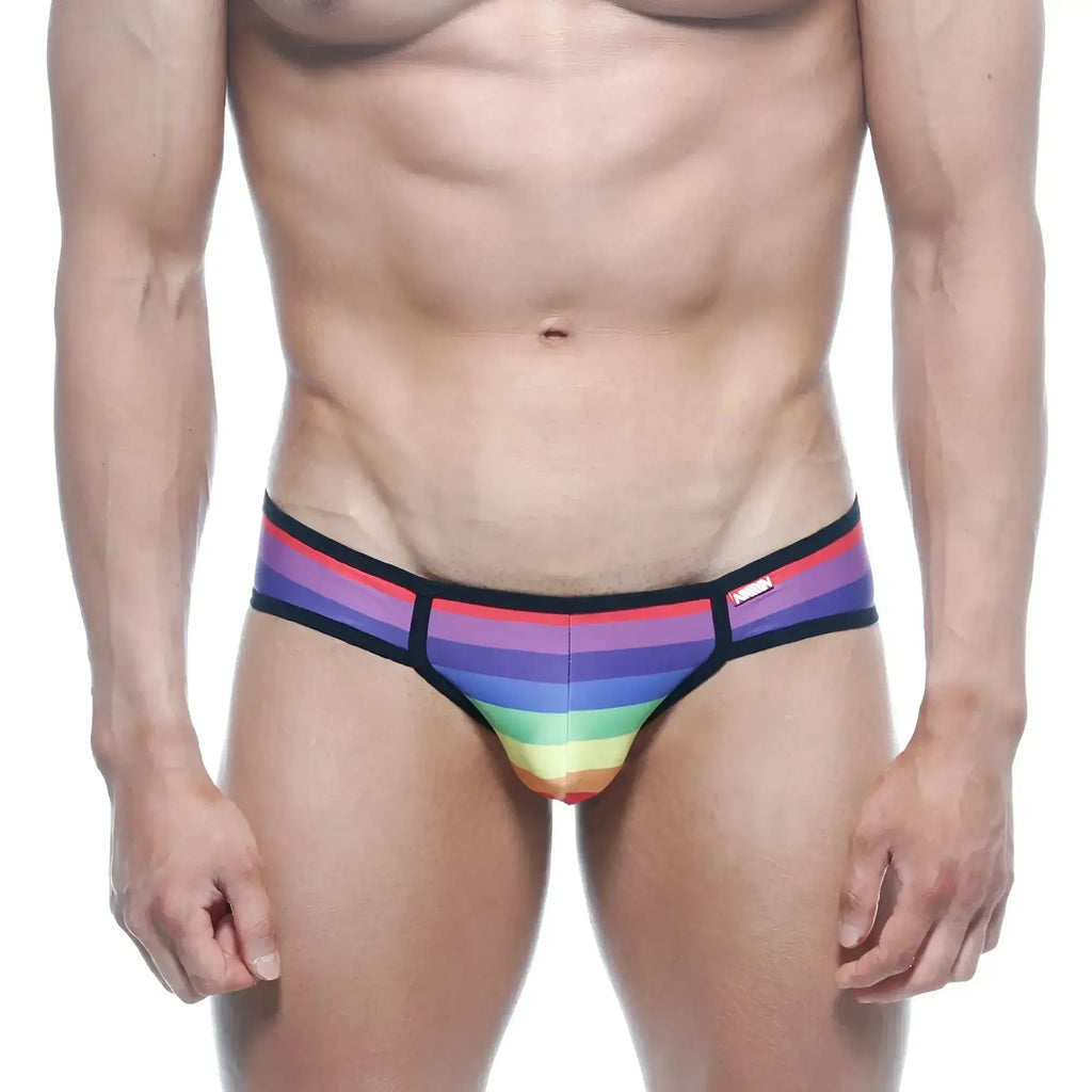 MetroMaleWear rainbow bikini 6105-04 rainbow-striped men’s briefs with black trim and small red brand tag