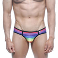 MetroMaleWear rainbow bikini 6105-04 rainbow-striped men’s briefs with black trim and small red brand tag