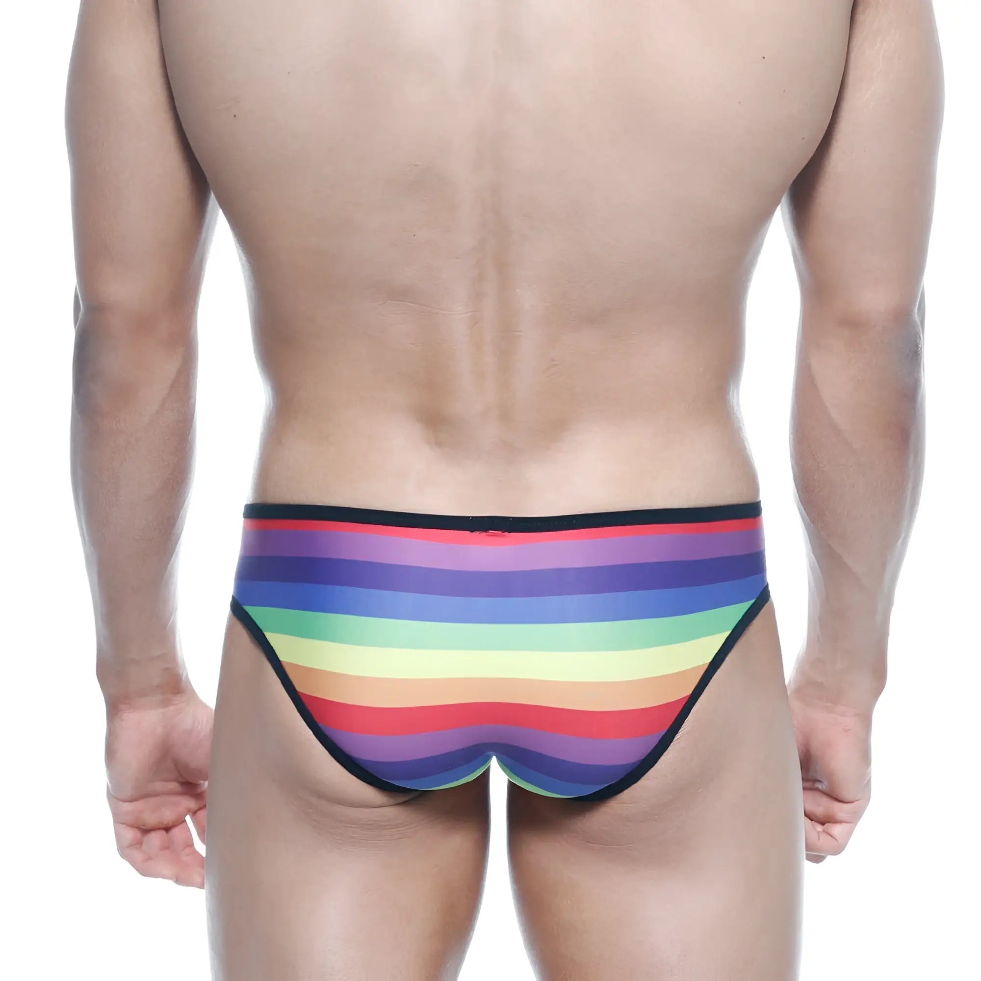 MetroMaleWear rainbow bikini 6105-04 men’s briefs with rainbow stripes and black trim for comfortable wear