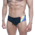 MetroMaleWear rainbow swim brief black 4914-05 features black swim trunks with a vibrant rainbow stripe on the side