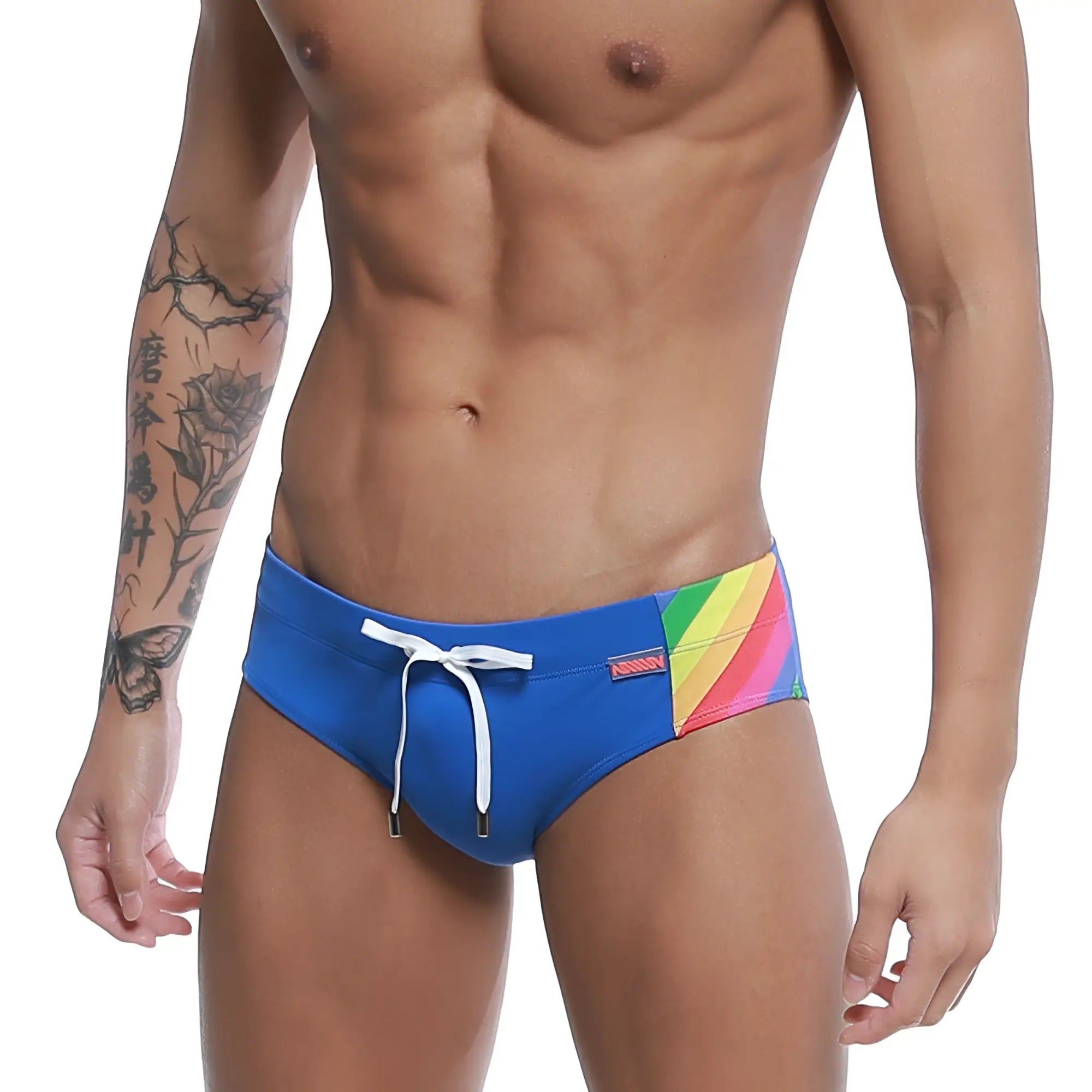 MetroMaleWear rainbow swim brief royal 4914-07 in blue with rainbow diagonal stripes and white drawstring for swimming