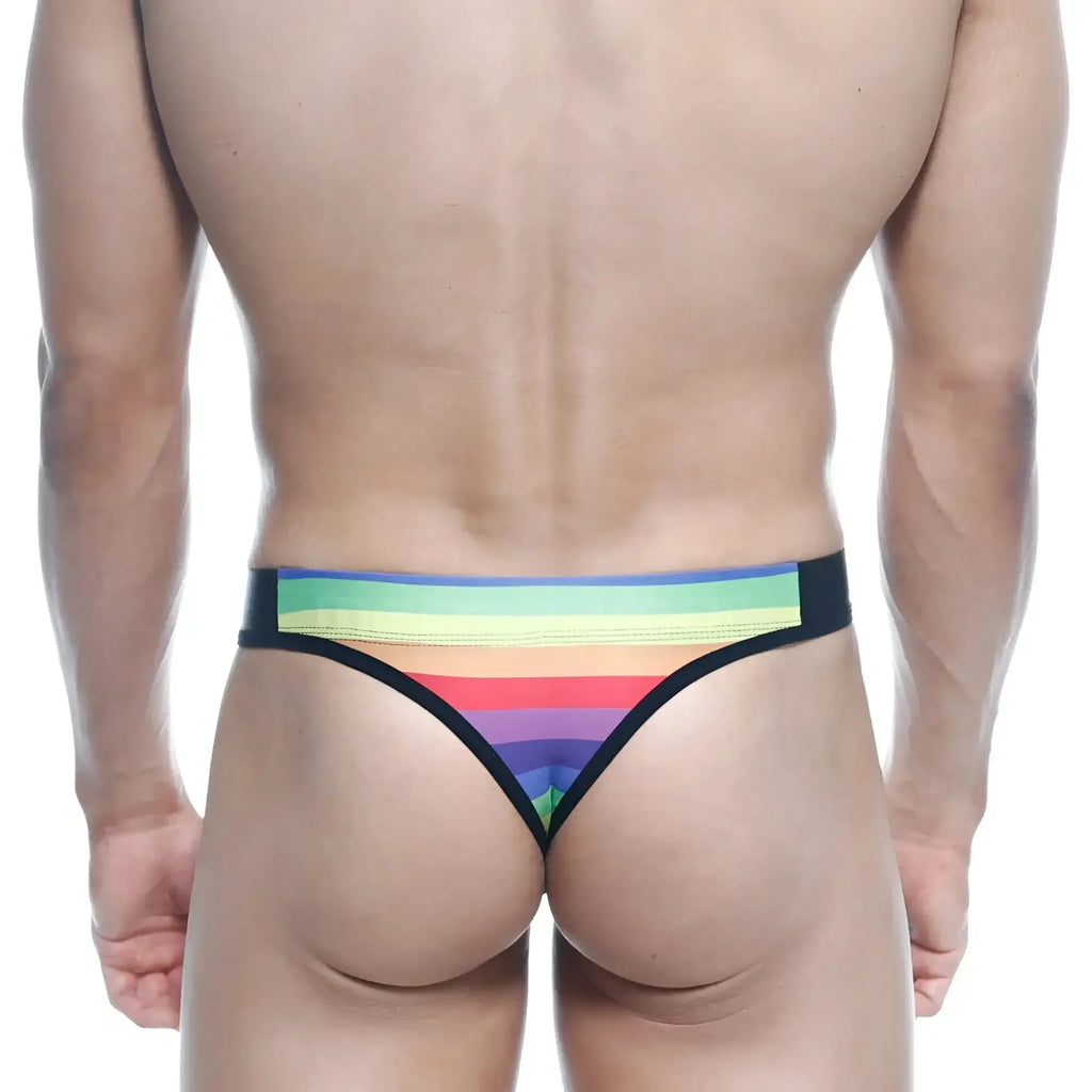 MetroMaleWear rainbow thong 2502-04 with rainbow stripes and black trim front view microfiber fabric