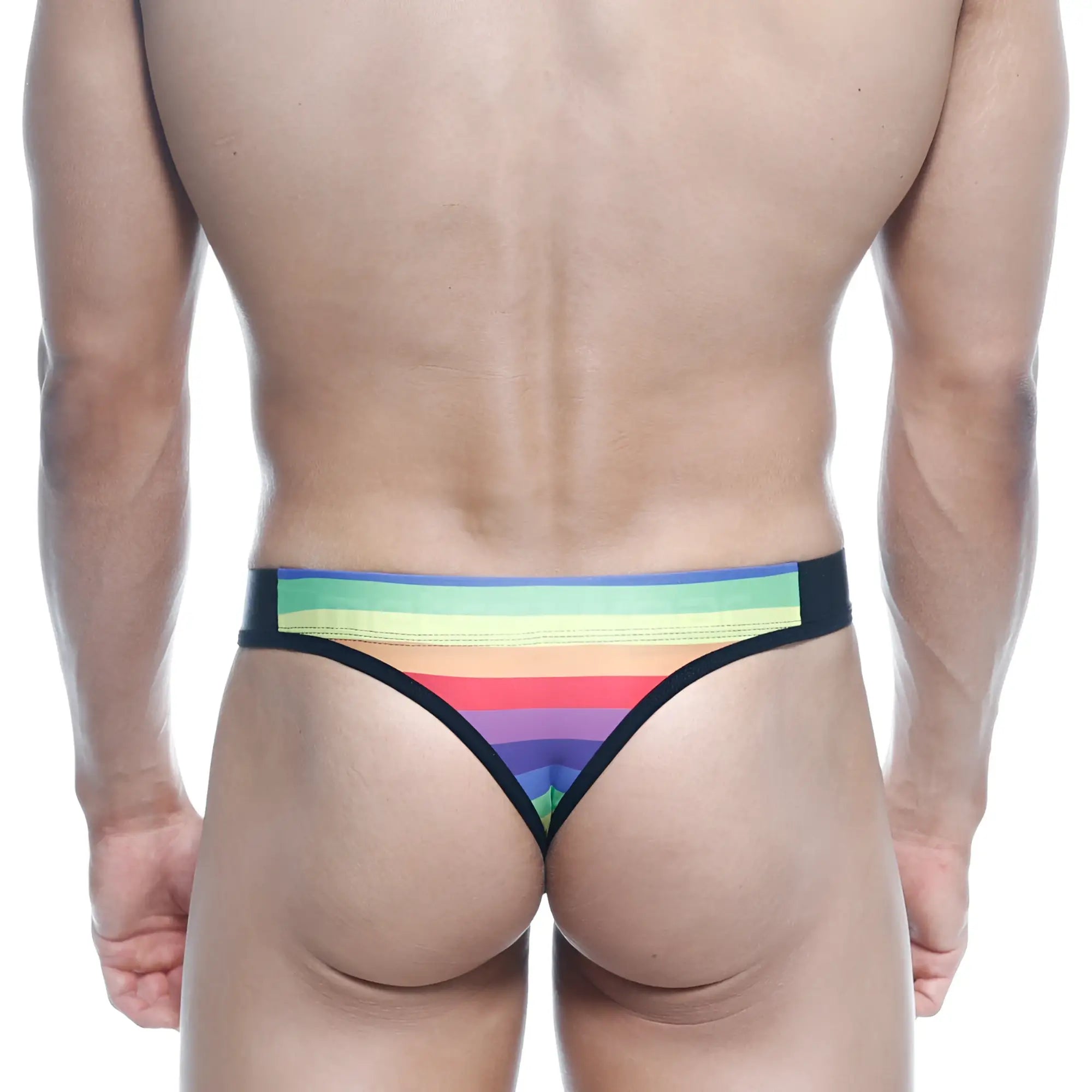 MetroMaleWear rainbow thong 2502-04 with rainbow stripes and black trim front view microfiber fabric