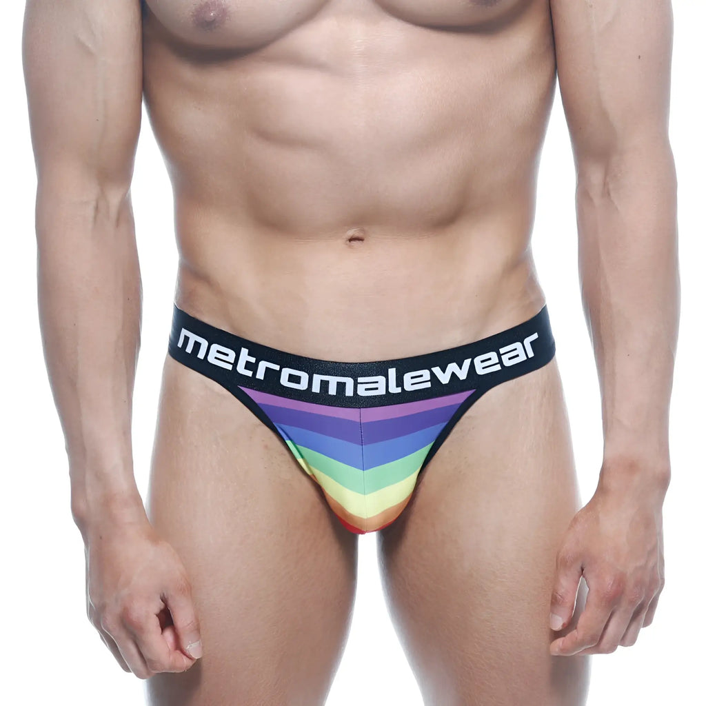 Metro malewear rainbow-striped men’s briefs with black waistband featuring metromalewear logo for comfortable wear