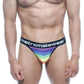 Metro malewear rainbow-striped men’s briefs with black waistband featuring metromalewear logo for comfortable wear
