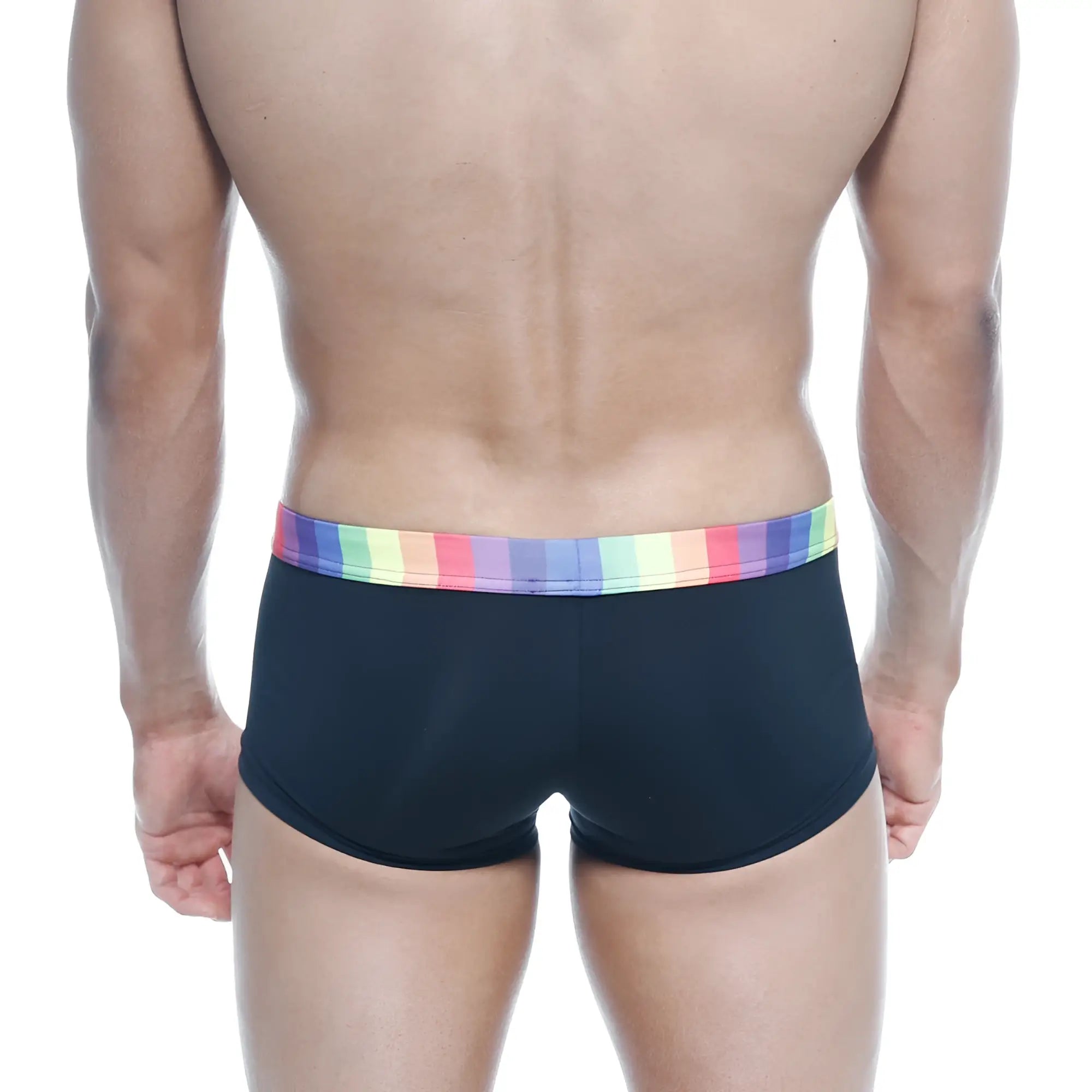 Black briefs with a colorful rainbow-striped waistband by MetroMaleWear rainbow trunk 2026-04 for comfortable everyday wear