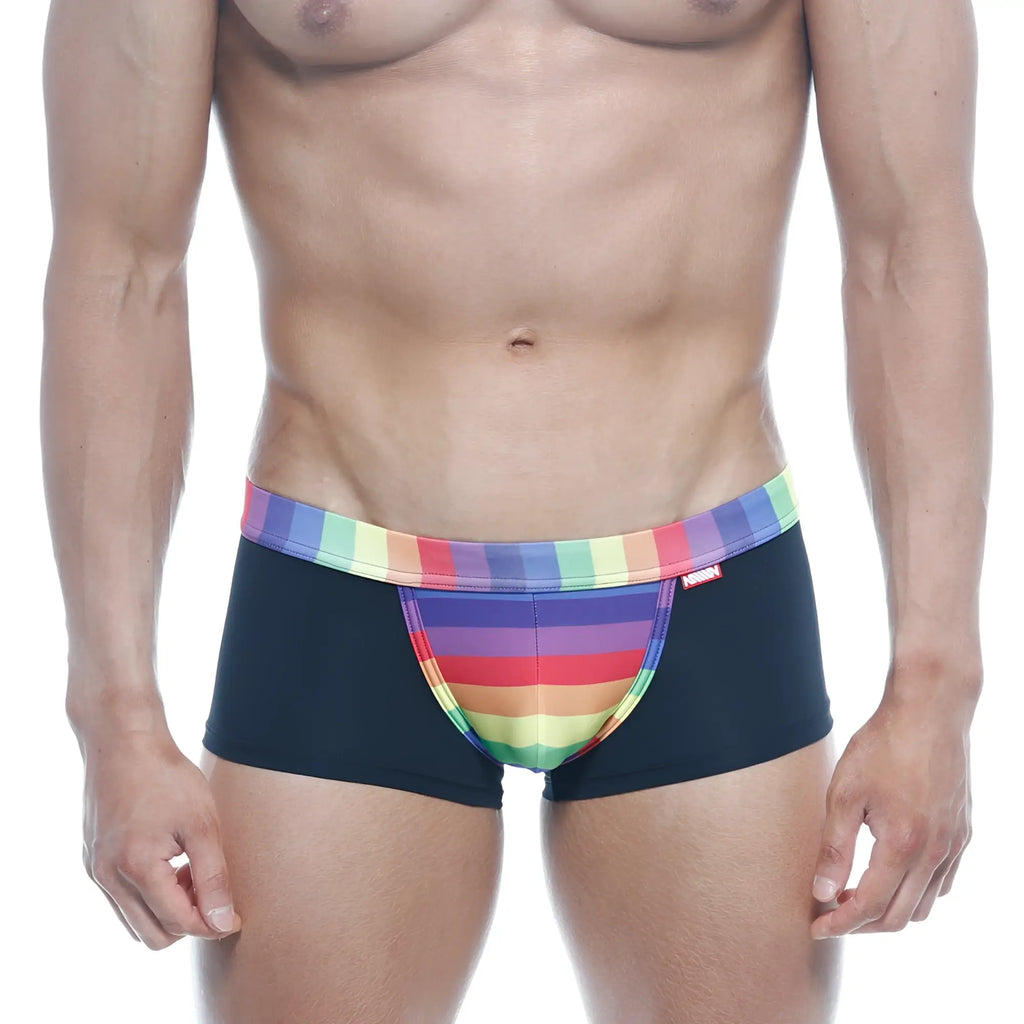 Black briefs metro male wear rainbow trunk 2026-04 with vibrant rainbow-striped waistband and front panel design