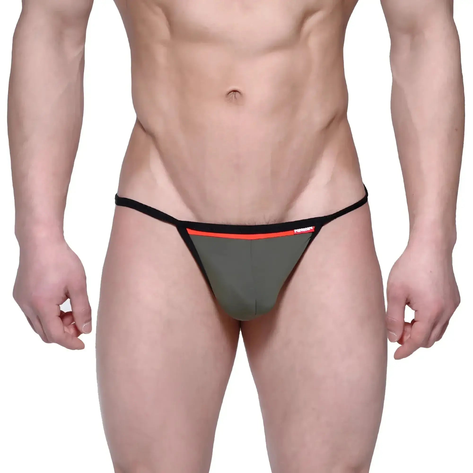 Olive green thong with black trim and red accent stripe metro malewear reef string green 2014-32 front view
