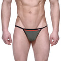 Olive green thong with black trim and red accent stripe metro malewear reef string green 2014-32 front view