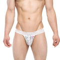 White lace thong g-string with intricate floral patterns and a small red tag from MetroMaleWear Reina 4012-00
