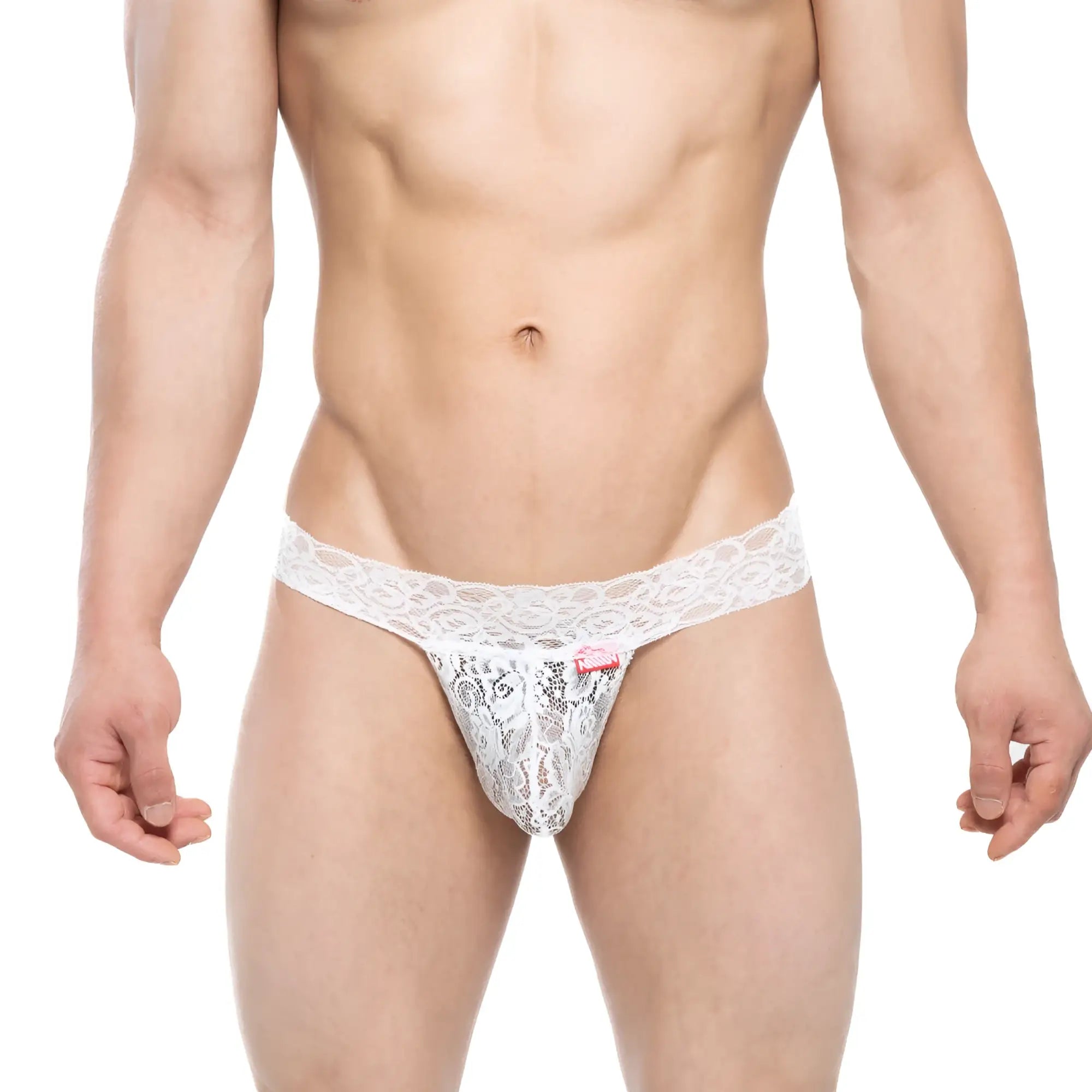 White lace thong g-string with intricate floral patterns and a small red tag from MetroMaleWear Reina 4012-00