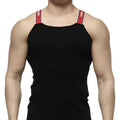 Black tank top with red and white striped shoulder straps and branded metro malewear logo model 3124-20