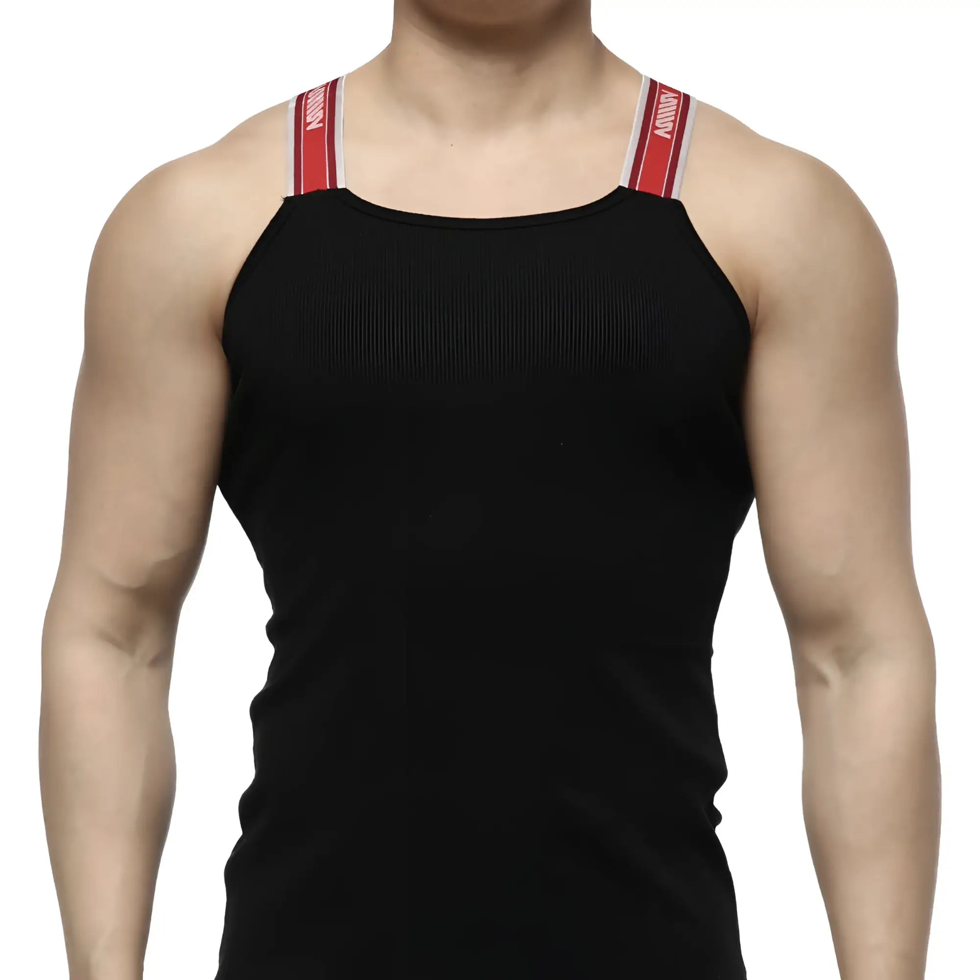Black tank top with red and white striped shoulder straps and branded metro malewear logo model 3124-20
