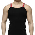 Black tank top with red and white striped shoulder straps and branded metro malewear logo model 3124-20